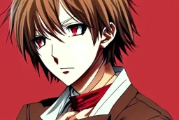 Detailed pretty anime boy, brown hair with blonde strips, keep head in frame, headshot, glaring, brown eyes, covered in bandages, looking serious, illustration, digital painting, only one character, color scheme red, wearing many bandages, Osamu Dazai inspired, anime inspired, manga, dazai, red hair, Chuuya, pretty, scruffy, angry, brooding, manga inspired, small nose, long lower eyelashes, handsome, widows peak, headshot, glaring, cute, wearing a bandage on neck, small nose, scruffy hair