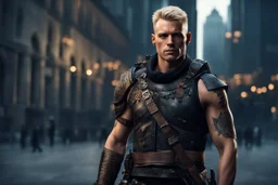 photorealistic portait of henry cavell as mercenary with blonde undercut tribal tattoos wearing modern mercenary uniform fantasy dark cityscape