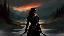 A formidable warrior girl in black armor, on the background Amazing gloomy landscape, flooded with sunset, mountains, trees, fabulous scary hero, , juicy emotions, painting, dark fantasy, gloomy day, dark world, portrait, by Alyssa Monks & Raymond Swanland & James Paick & Anna Razumovskaya