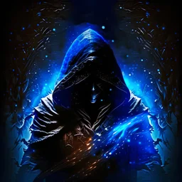 An assassin hiding in the shadows, daggers, dark blue glowing light, fantasy, magic, dark, stars, sparkle