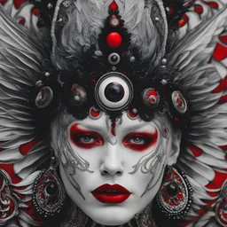 ((/gen insanely detailed symbolism map design macro photography close-up of a stunning albino clowncore woman angel-demon red and black with a beautiful all seeing eye on the forehead, in the spiritual realm, (where vivid red resonates as a flame of vitality, embodying the energy of the soul's journey and the profound connection to the essence of life, the whisper of passion, igniting emotions with its ethereal brushstrokes achieved through SpectralChronicle) disintegrating in movement