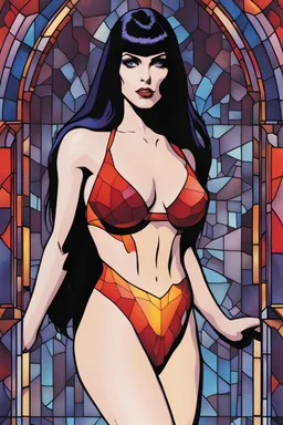 a multicolored, stained, spectral, glass fragment, Vampirella, the female vampire wearing a red bathing suit