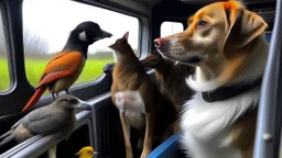Bird driving semi truck with dogs and cats hybrid mewing
