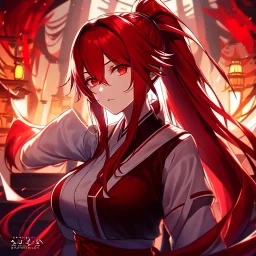 girl, masterpiece, best quality, cinematic lighting, detailed outfit, perfect eyes, red hair, red eyes, long hair, ponytail, in a modern world miko priestess, mysticism, digital painting, neon colors, sharp details,