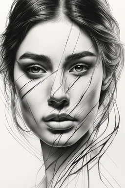 A realistic drawing in negative space black ink on white background of a beautiful girl with lines enhance her face max enrist