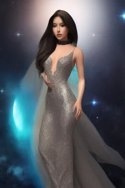 Full body portrait, painting, medium shot lady Spacecore background volumetric fire neutral space volumetric silver filigree