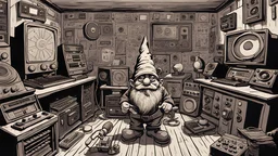 (top view perspective) a detailed cartoon psychedelic gnome music producer all alone in his old dilapidated music studio haunted mansion. analog music equipment all over. rare rave posters on the walls. tiny details in every corner of the room. urban background. 2 turntables and a mixer, tb303. gnomes hanging out in the room. crazy new music equipment that is futuristic. large speakers in the corner of the room. smoke rising to ceiling reveals a sign reading: "Tomasito". mushroom border.