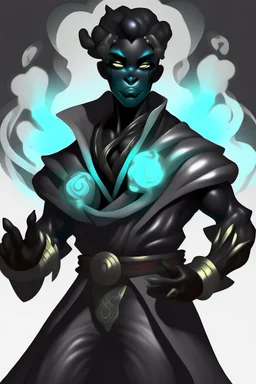 Male Air genasi fra d&d with black skin smoke some hair an Asian skin ghostly appearance with a Smokey undertone