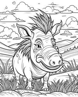 create a 2d black outline, "safari smiling cartoon warthog coloring book for adults", coloring page, low details design, black contour, coloring page design, simple background, colorful , card style, coloring page for kids, white background, sketch style, safari landscape, cartoon style