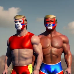 Realistic image of Donald trump wrestler, Mexican wrestling style, Mexican eyes wrestling mask, red and blue breeches, glow us flag dress, suspenders, retro style, 80s, vibrant color, highly detailed, sky background, concept art, unreal engine 5, god rays, ray tracing, RTX, lumen lighting, ultra detail, volumetric lighting, 3d, finely drawn, high definition, high resolution.