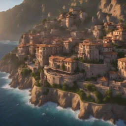 Ultra realistic, realistic, Carm sea sunset, (helicopter shot from over the ocean), Imagine a Renaissance coastal town gracefully carved into a flat towering cliff face, its honey-hued stone buildings cascading down the slope, each adorned with ornate balconies that offer breathtaking views of the tranquil seas below, 8k octane render, high detail, cinema style, Masterpiece, hyperdetailed, intricately detailed, Professional photography, bokeh, natural lighting, canon lens, shot on dslr 64 megap