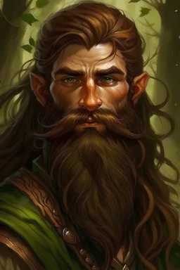 Gnom, braune lange wilde Haare, große, dicker Nase, gepflegter kinnlanger Bart, grüne Augen, schlank, hübsch, sehr jung, Druide