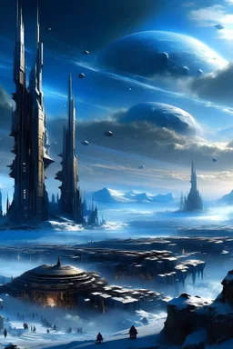 {Scifi}, City, morning, winter, snow, {crystals}, starships in the sky, cloudy, roman