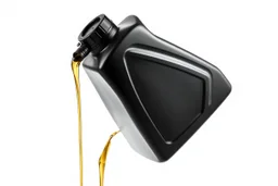 whole bottle(black plastic, 1 liter, quart, generic motor oil) floating on an angle in middle of image while pouring(oil) down from the opening(spout). white background, Smooth vector