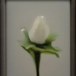 tiny oil painting of single long stem pressed flower, white canvas, modern frame, shadows, ghostly, melancholy, tender, moody, vintage, delicate arrangement, beautiful composition, etsy, aesthetic layout, plain solid white background