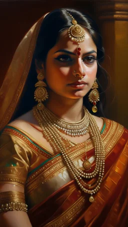 Oil painting portrait that resplendent charm of an Indian bride, draped in rich silks and adorned with shimmering jewels, her eyes aglow with anticipation and joy as she prepares to embark on a new journey.