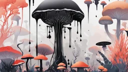 Exotic Flora, fauna, mushrooms, fungi and coral dripping black liquid in a Multiverse background