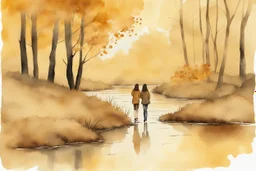 young brunette woman and boy friends walking next to a pond in an autumn forest watercolor and ink in ochre, golden glitters