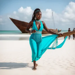 A surprised Niger sublime dancer woman, 24-years-old wearing a turquoise one-piece swimsuit on Mozambique island beach, dhow sailboat, white sand, crystal ocean, long dark braided hair, she executes the crane movement of karate kid