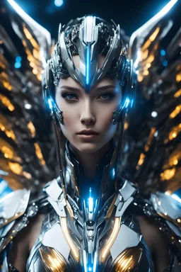 Close up Facing Front night Photography Realistic High Details,Natural Beauty,Beautiful Angel Pretty woman cyborg cybernetic ,futuristic warframe armor,wings ,in Magical Planets Cosmic full of lights colors,glowing in the dark, Photography Art Photoshoot Art Cinematic Soft Blur Colors