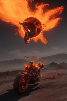 Ghost rider riding in hells flames doing a wheely in hell with the moon in the background