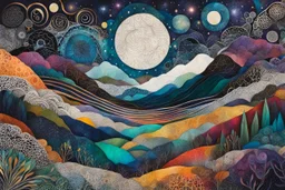 abstract paper collage overlayed with Zentangle patterns that depicts the vastly diverse landscape of Nature beneath an ethereal, cosmic night sky, highly detailed, vibrant natural color, with bold ink outlining