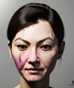 Simetric Realistic image portrait. Sweet woman face traditional japanese porcelain mask. Smooth. Dark ambient. Cold. God light. 4k resolution, intricate details, ornate details, soft lighting, unreal engine 5.