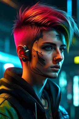 cyberpunk media with a light stubble and wild, dyed hair