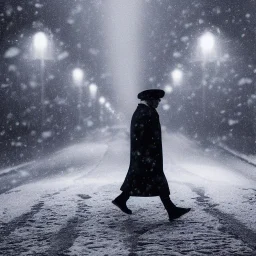 a man wearing a trench coat and hat walking down the snowy street of london, lots of fog, dramatic, dramatic lighting, volumetric lighting, hyperrealism, 8k, high quality, photorealistic, lot of details