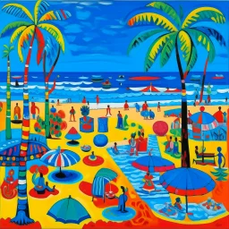 A blue beach with a resort designed in Mexican folk art alebrijes painted by Alexej von Jawlensky