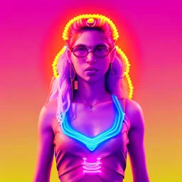 Shakira, artist, 30 years old, Realistic image, waist up portrait, etro style dress. Gucci sunglasses. Blonde, loose long hair, eyes make up, perfect, glow, circle iris. Neon colors, leds, geometric shapes. Dark background. Cyberpunk, concept art, smooth, unreal engine 5, god lights, ray tracing, RTX, lumen lighting, ultra detail, volumetric lighting, 3d, finely drawn, high definition, 4k.