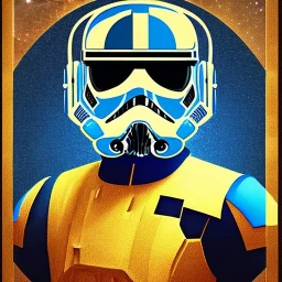 trés beau capitaine galactique, star wars style, avec costumes bleu et or , arrière fond bleu galactique étoilés, casque