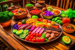 The picture shows a tasty and enticing dish containing a variety of tasty and colorful foods. The foods include perfectly grilled meat slices and crispy fresh vegetables pulsating with colors and flavors. The background shows a simple wooden table and a warm climate that feels comfortable and enjoyable to the eating experience.
