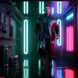 Actor, tom hardy, blade runner style, rain, fog, neon ambient, gradient color, clean skin, circuits, latex coat, cyber punk, neon, tubes, portrait, photo studio, unreal engine 5, smooth color, 16 bit, god lights, ray tracing, RTX, lumen lighting, ultra deatail, volumetric lighting, 3d, finely drawn, hd.