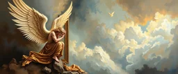 oil painting masterpiece with frame of fast angel nephilim