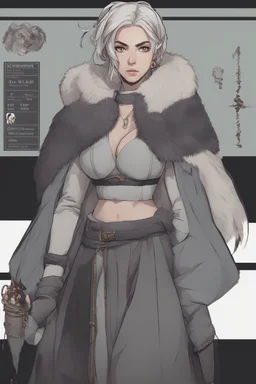 A dnd character sheet. A woman dressed for the cold north dressed in dark furs, with black hair