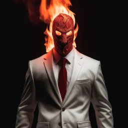 a scary man on fire wearing a white suit with a red tie who has no face