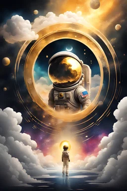 A detailed illustration muted chinese ink painting, magic cosmic colors, rice paper texture, digital paint, halo astronaut, one black and gold future portal in the sky. Venus. Space. Clouds wet to wet techniques. vibrant vector professional art. using Cinema 4D