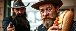 mean looking amish macho mafia thug with hot dog duell