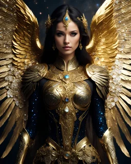 Photography A Length Super model Woman as Beautiful Archangel with wings made from metal craft,dressing luxurious golden and black color armor filigree fcombination fully crystals diamonds stone crystals,Cosmic Nebula Background