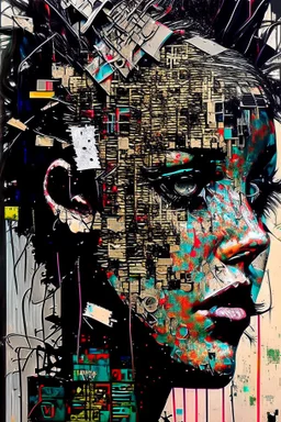 Ultra detailed medium portrait painting of anxiety , torn up collage of clippings, broken circuitry background, matrix effects, punk visual art, punk art aesthetic, graffiti art, pop surrealism, collage art, cluttered paint glitches