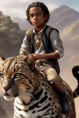 Eleven-year-old mulatto male sorcerer, with wavy black hair tied in a braid, hazel eyes, riding on the back of a giant furry leopard cat