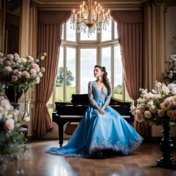 fullbody girl makeup wearing a victorian dress sitting to a grand piano in country side ,flowers ,pretty clouds in blue sky