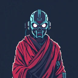 8 bit pixelart of a terminator like robot, synthwave colored, vaporware, budist monk robe
