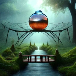  shiny round spider web with dew drops ,wooden bridge in magical forest, spray painting, foliage frame, fantasy art , movie poster, Realistic photography, incredibly detailed, ultra high resolution, 8k, complex 3d render, cinema 4d, color corrected