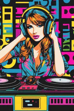 Pop art super model pretty girl with headphones playing music on a turntable, dj rave party disco club