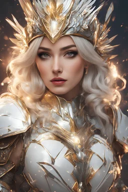 Dutch Angle Shot a lady dressed in armor and headdress with sparks, in the style of charming anime characters, light white and light gold, glamorous pin-ups, aurorapunk, rtx on, full body, li-core