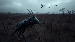 close in center weird crepy bird creature and and far away on sky different small dark crepy birds surreal thriller vibe trees in alternative surreal barren, dry, gloomy world, nightmare in abyss, deep vortex, black, gray, purple, brown, silver, dark red colors, surreal, weird dark fantasy, deep dark colors, sharp lines, crepy stunning, high detalied, weird, fog, shadows, realistic, surreal, highly detailed, melancholic thriller mood