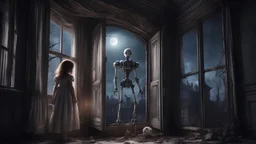 night scene, TALL vicious ALIEN robot creature climbs through the broken window of a Victorian house, it holds a girl's porcelain dolltoy doll and looks at it, outside the moon shines into the room. ultra realistic, epic, cinematic, widescreen,