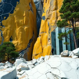 Un'immagine di un paesaggio naturale con marmi gialli e blu scuro, imponenti e altissimi, accanto a strutture artificiali e alberi. Queste strutture sembrano blocchi rettangolari riflettenti, come colonne di vetro, che creano un contrasto tra il naturale e l'artificiale. Gabbia brutalista si erge solitaria. Persona osserva. Bianco con venature e solchi. La scena trasmette un senso di sospensione e dialogo. Dettagli degli specchi e delle rocce molto accentuati